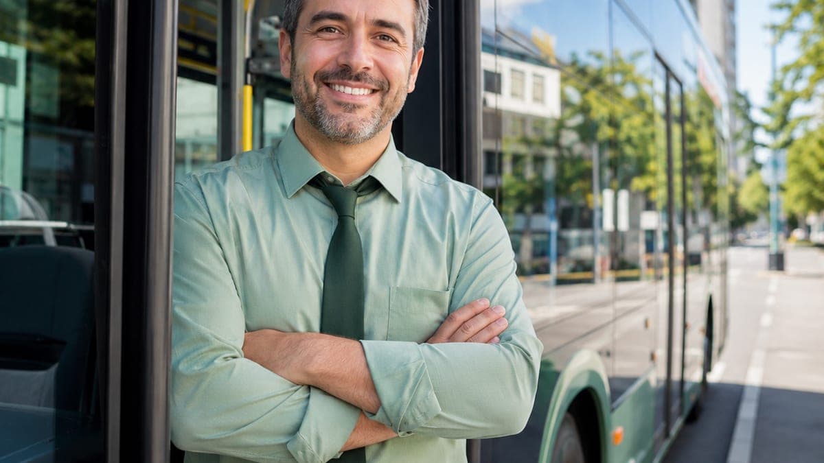 Busfahrer steht mit verschränkten Armen an der offenen Tür seines Linienbusses und lächelt (KI-generiertes Symbolbild)