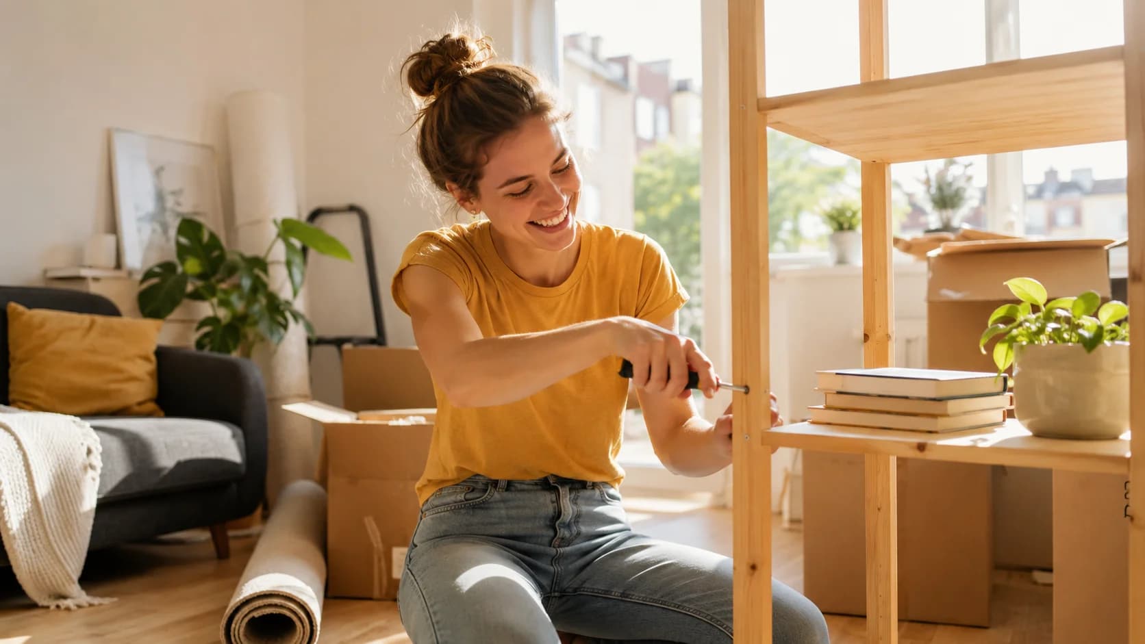 Junge Frau baut lächelnd ein Holzregal in ihrer ersten Wohnung auf (KI-generiertes Symbolbild)