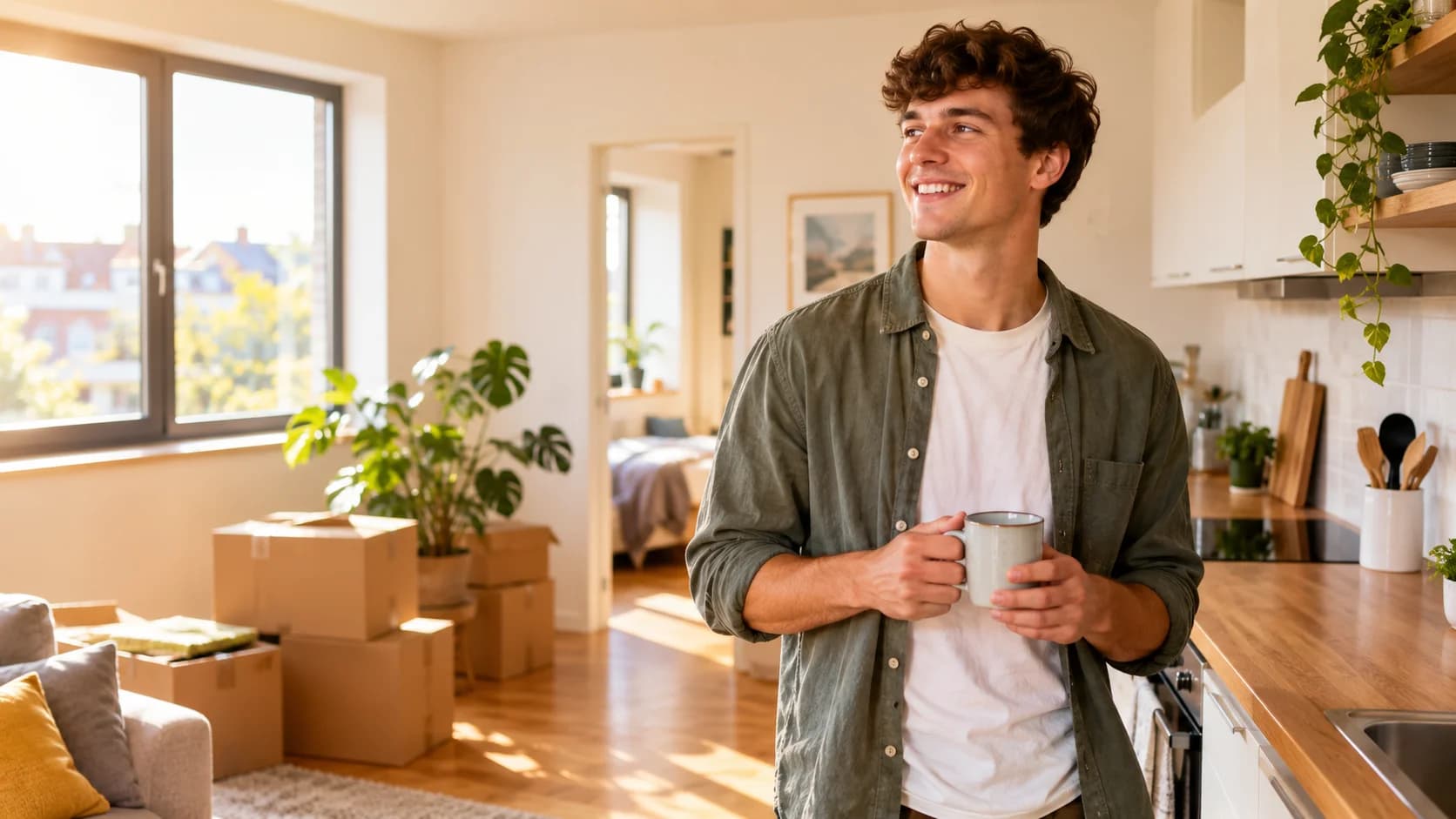 Junger Mann mit Kaffeetasse in seiner ersten eigenen Küche, Umzugskartons im Hintergrund (KI-generiertes Symbolbild)