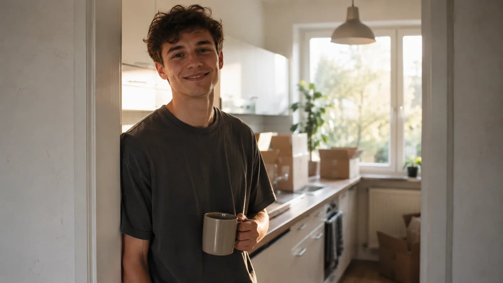 Junger Mann mit Kaffeetasse in seiner ersten eigenen Küche, Umzugskartons im Hintergrund