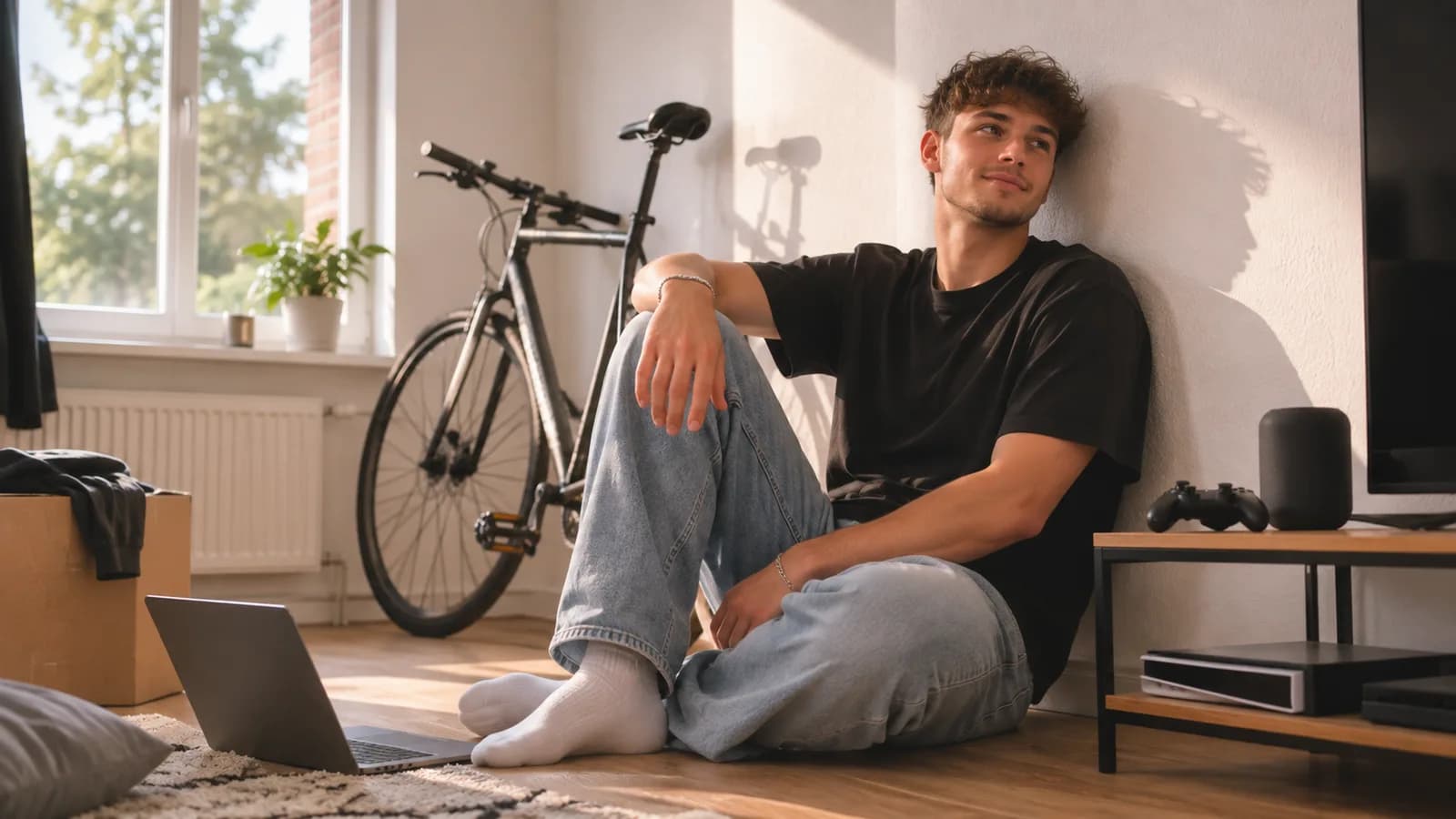Junger Mann sitzt entspannt in seiner eingerichteten Wohnung, Fahrrad und Laptop daneben