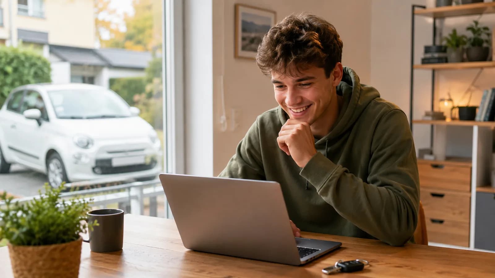 Junger Mann am Laptop, daneben liegt sein Autoschlüssel auf dem Tisch (KI-generiertes Symbolbild)