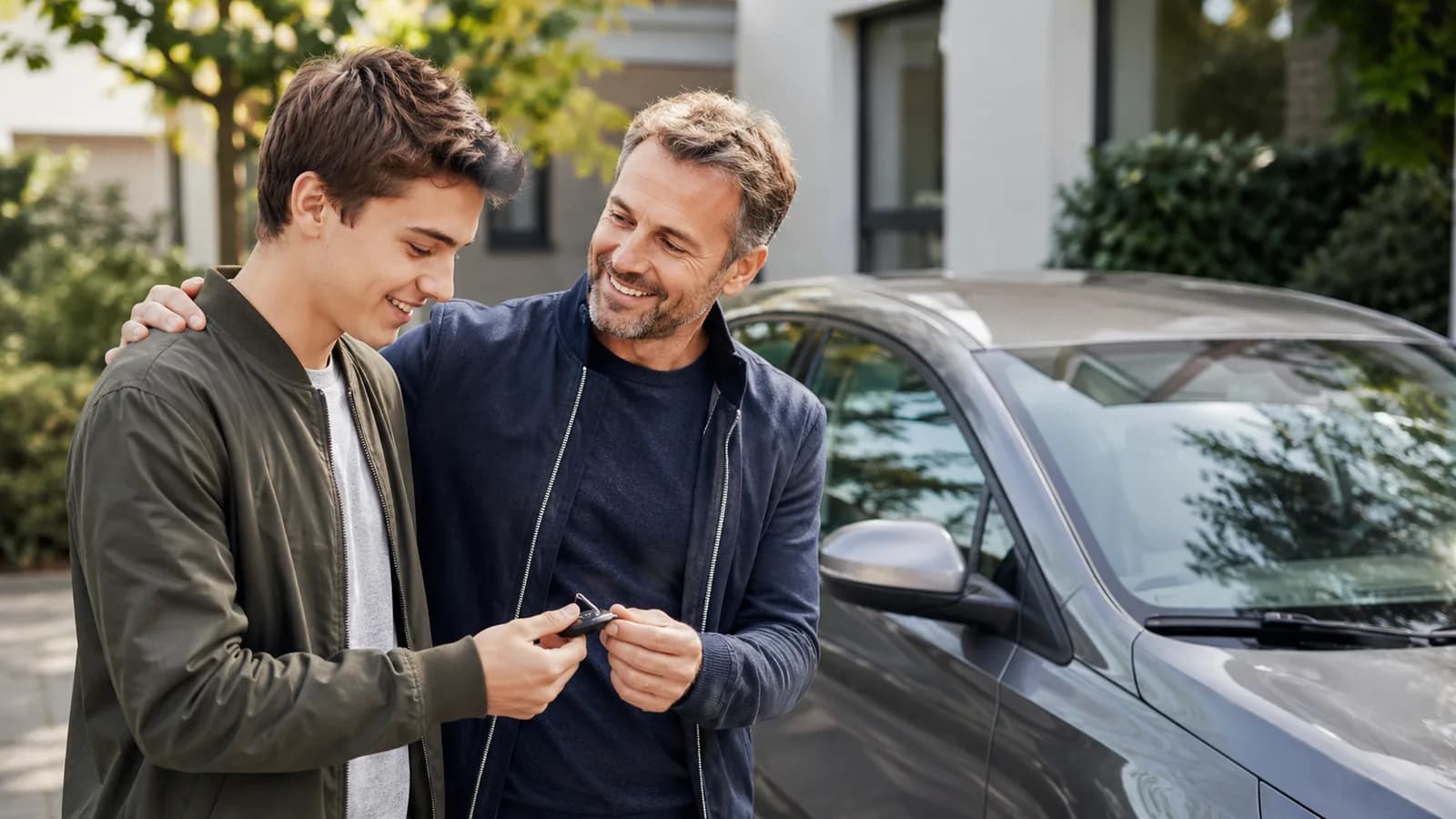 Vater übergibt seinem Sohn den Autoschlüssel, daneben das Auto (KI-generiertes Symbolbild)