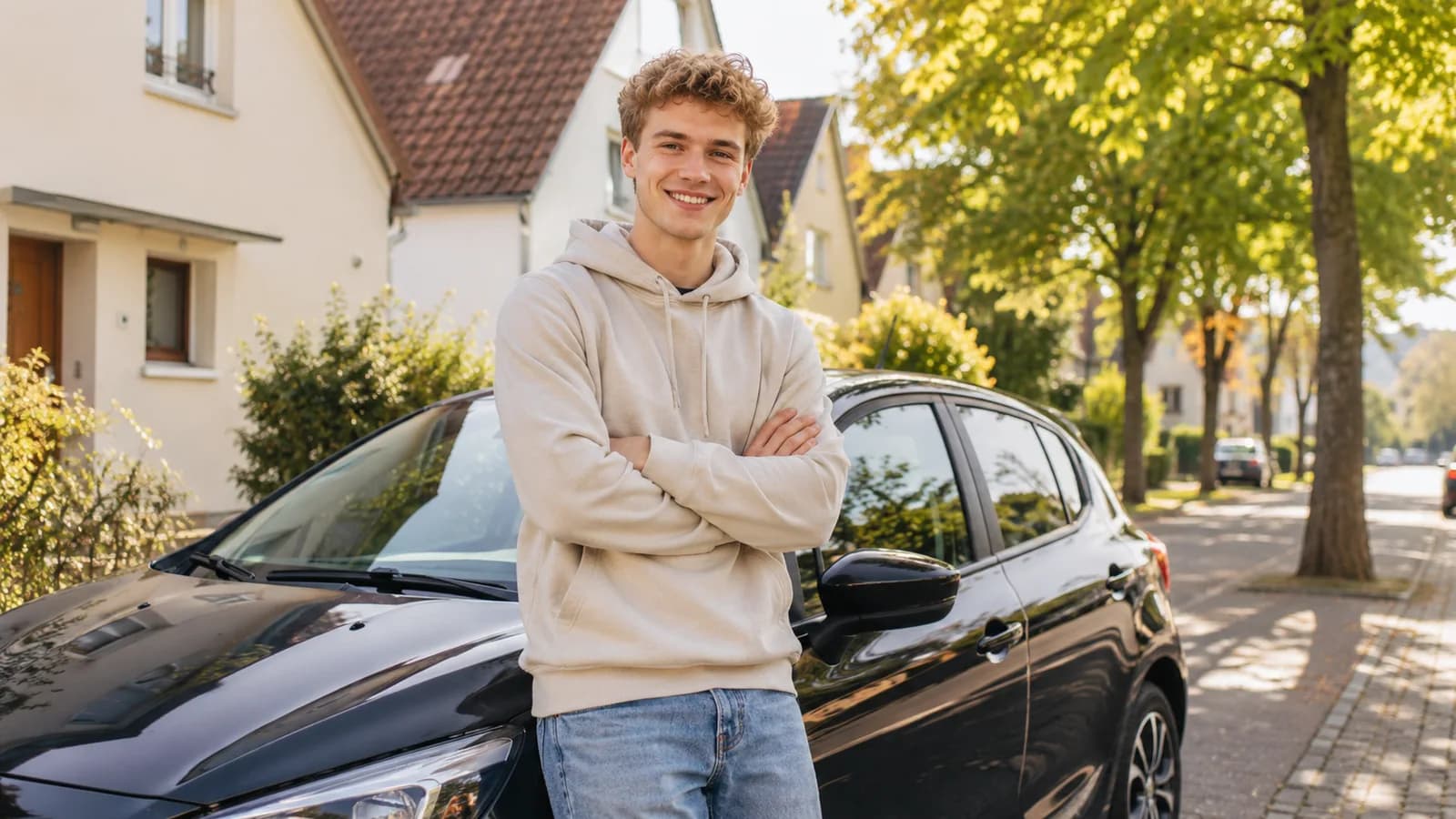 Junger Mann lehnt lächelnd an seinem ersten eigenen Auto in einer Wohnstraße (KI-generiertes Symbolbild)