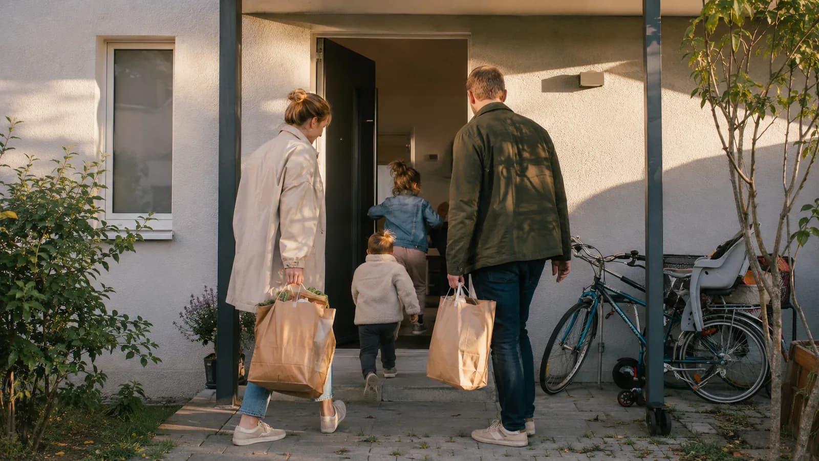 Familie kommt mit Einkäufen nach Hause, die Kinder laufen voraus