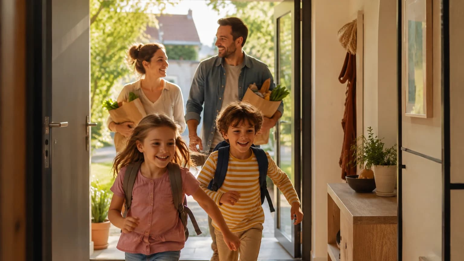 Familie kommt fröhlich durch die Haustür, die Kinder laufen voraus (KI-generiertes Symbolbild)
