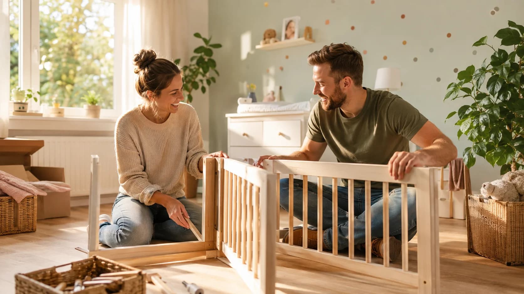 Junges Paar baut gemeinsam lachend ein Babybett auf (KI-generiertes Symbolbild)
