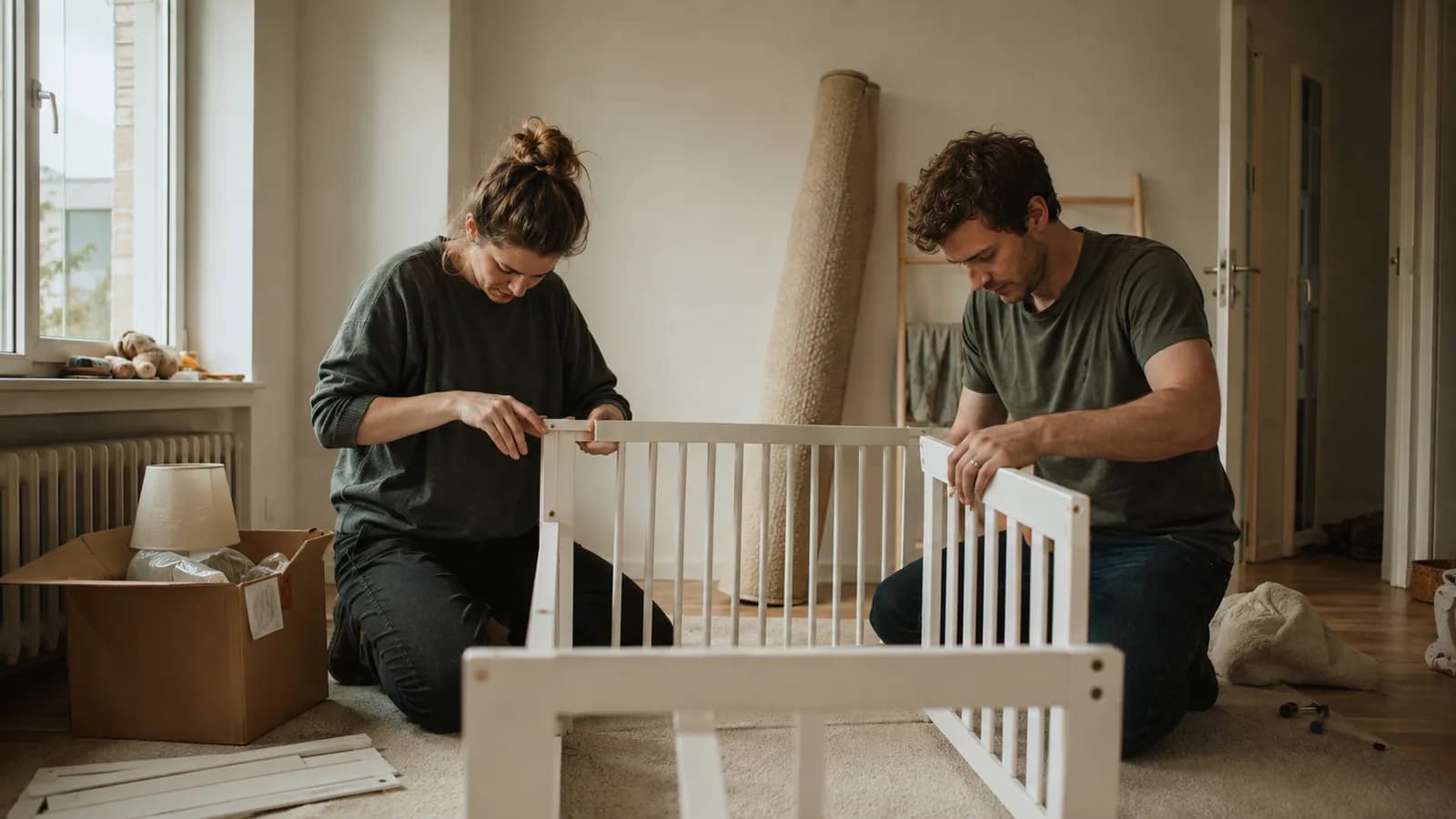 Ein Paar baut gemeinsam ein Kinderbett im Babyzimmer auf