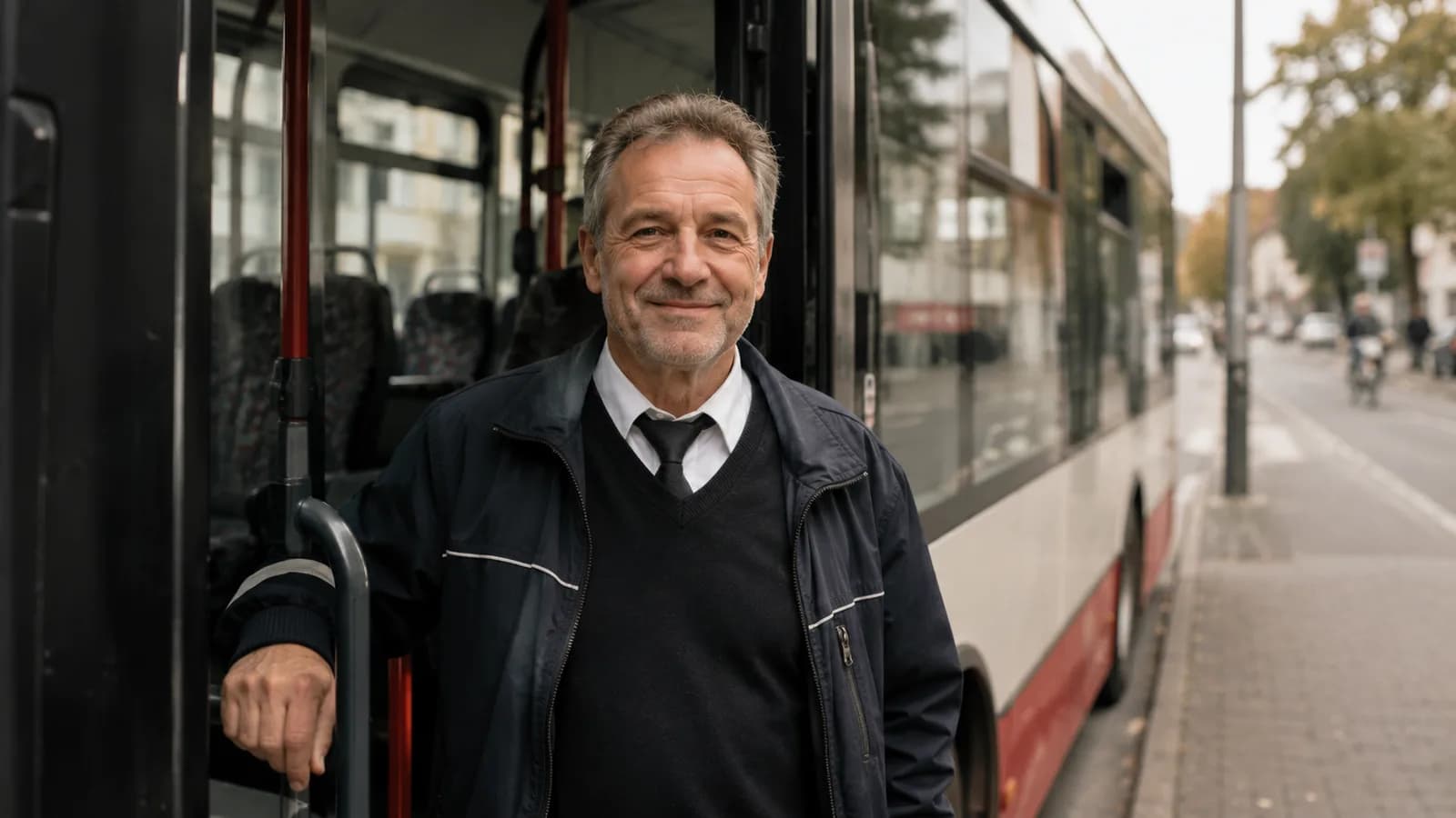 Busfahrer an der geöffneten Tür seines Busses auf einer Stadtstraße
