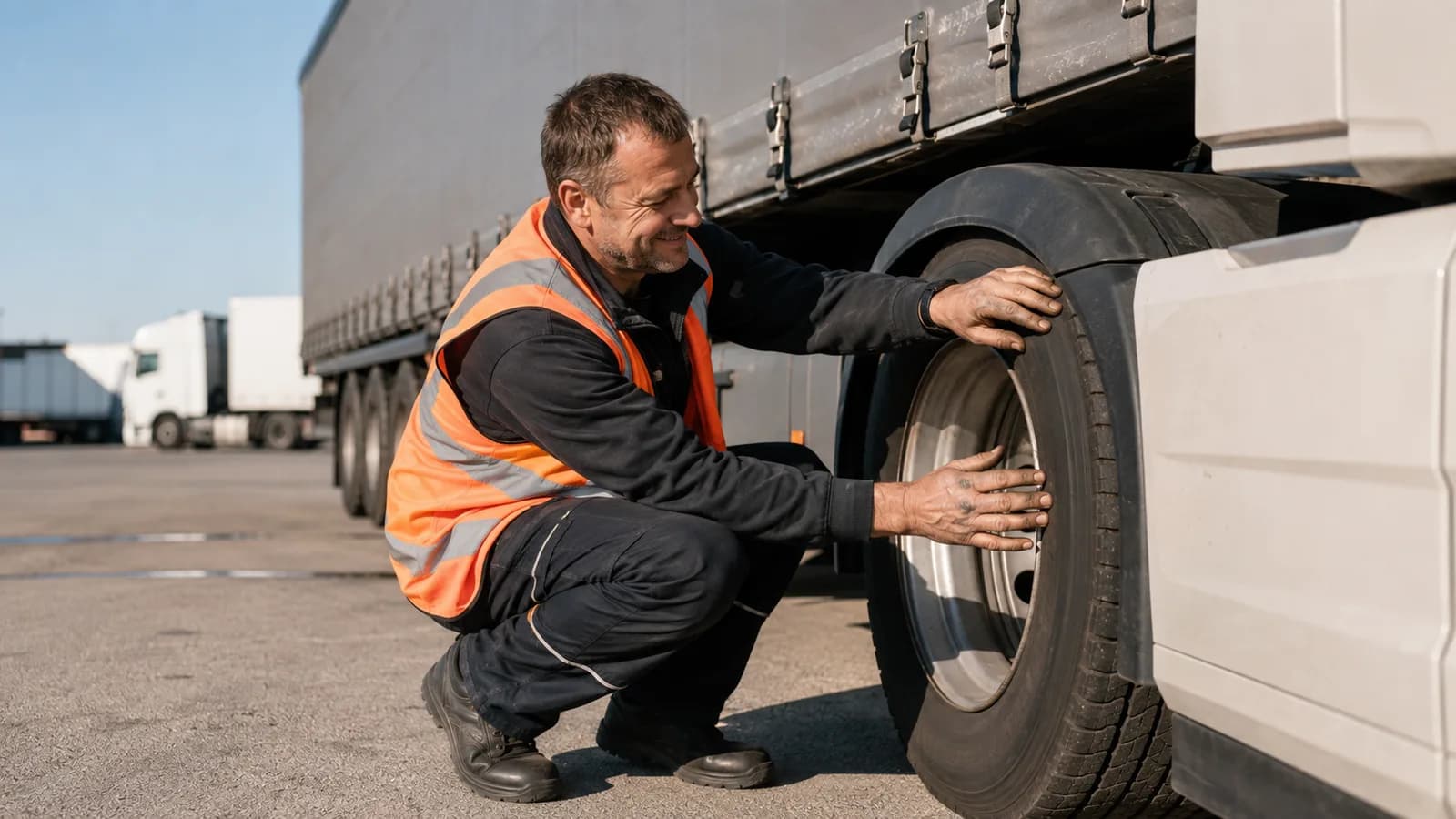 Berufskraftfahrer prüft den Reifen seines Lkw auf dem Betriebshof
