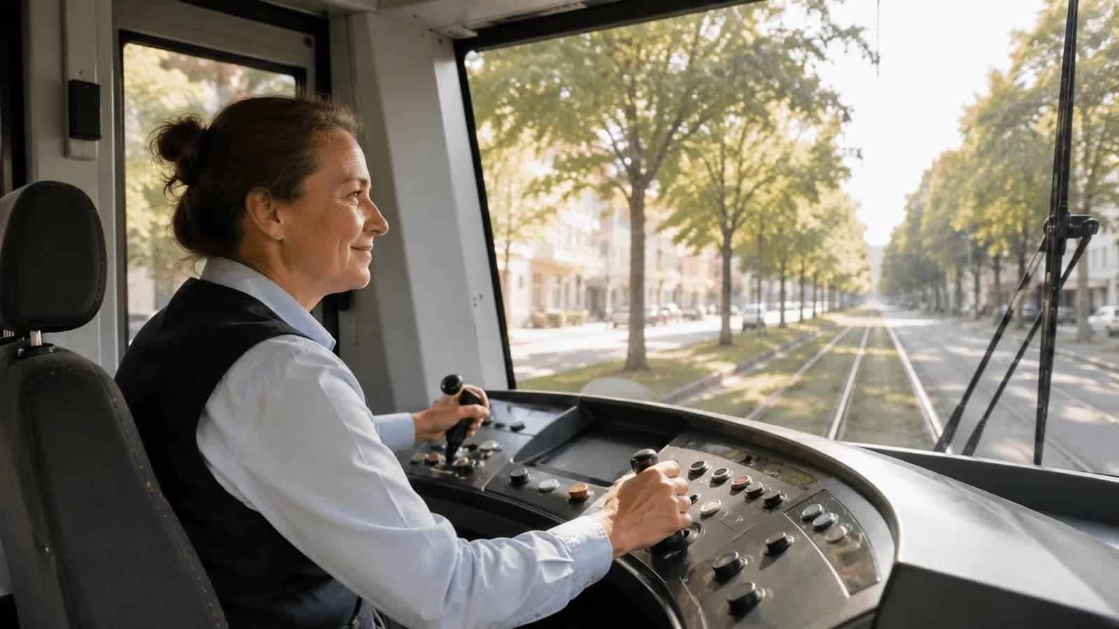 Straßenbahnfahrerin im Führerstand während der Fahrt