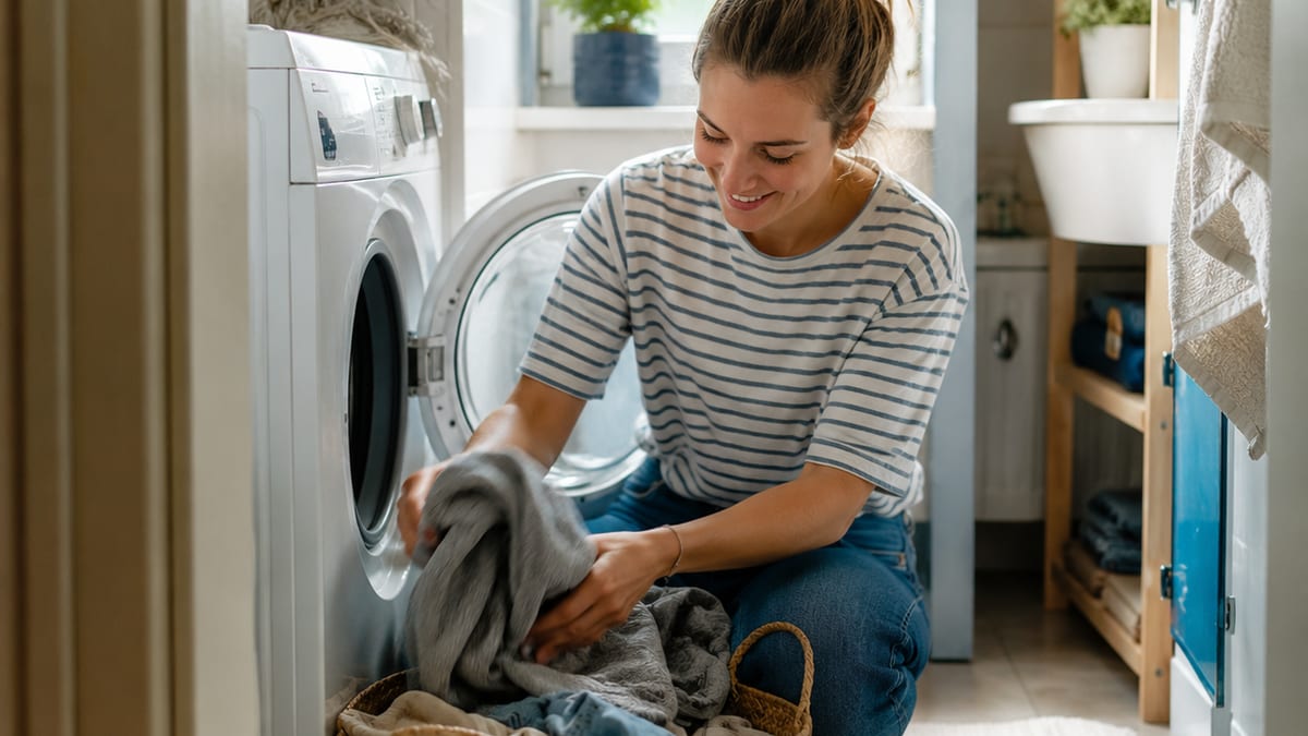 Junge Frau macht Wäsche in ihrer ersten eigenen Wohnung