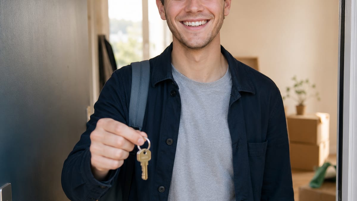 Junger Mann hält den Schlüssel zu seiner ersten eigenen Wohnung hoch