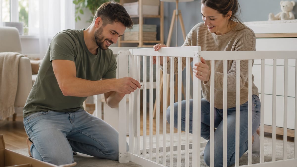 Paar baut gemeinsam ein Kinderbett auf