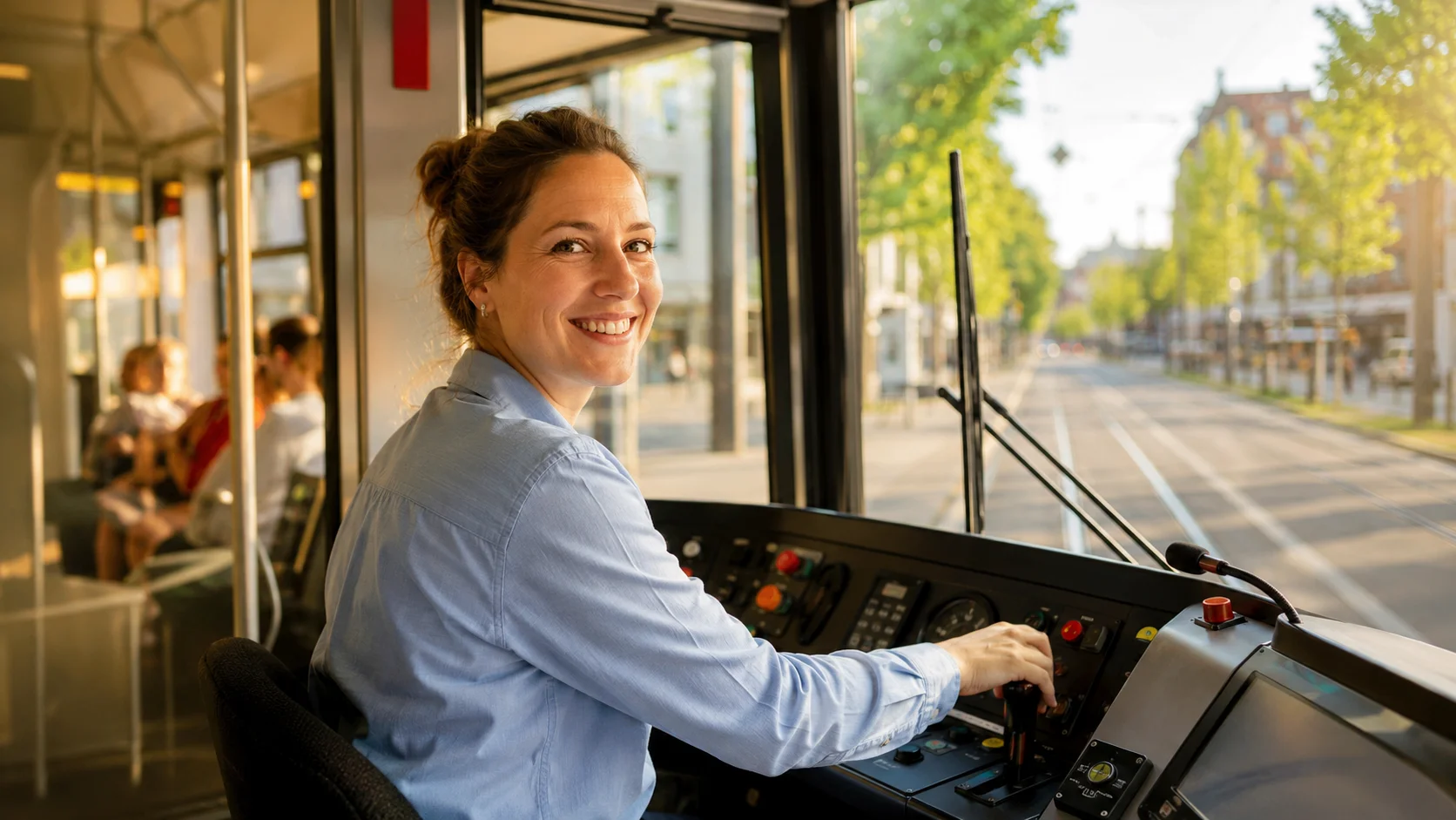 Straßenbahnfahrerin lächelt im Führerstand während der Fahrt (KI-generiertes Symbolbild)
