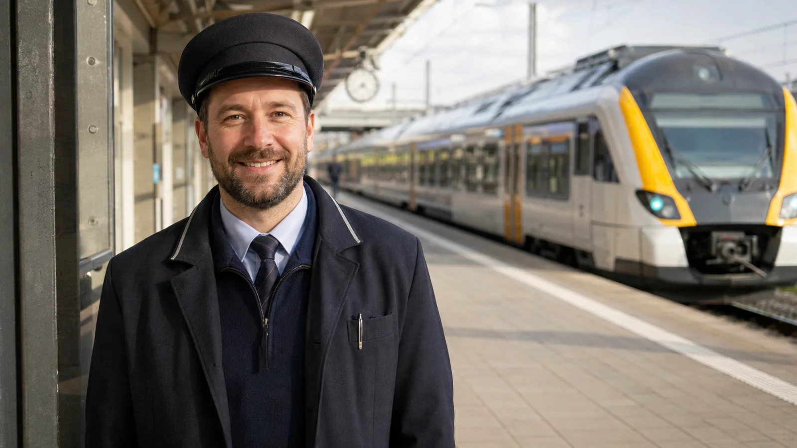 Zugbegleiter in Dienstkleidung auf dem Bahnsteig, im Hintergrund ein einfahrender Zug (KI-generiertes Symbolbild)